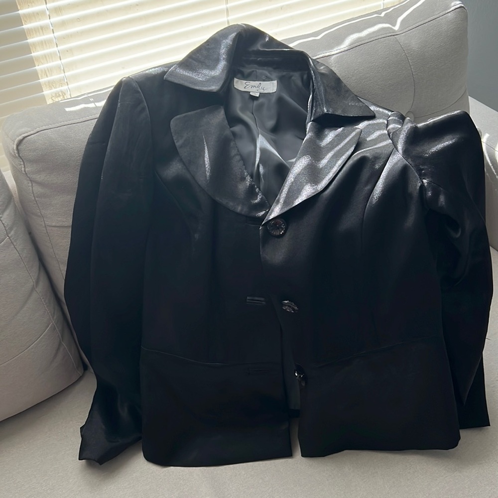 Emily Women’s 2Pc Skirt Suit Blazer Buttons Glossy Black